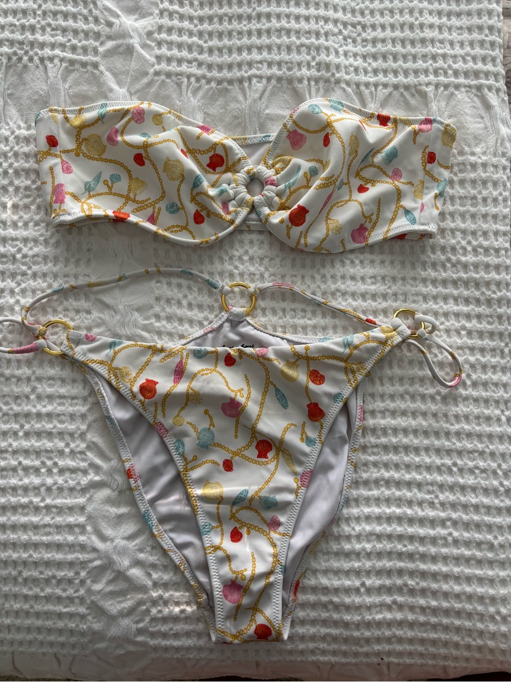 White Bandeau Bikini with Gold Chain & Multicolor Heart Print